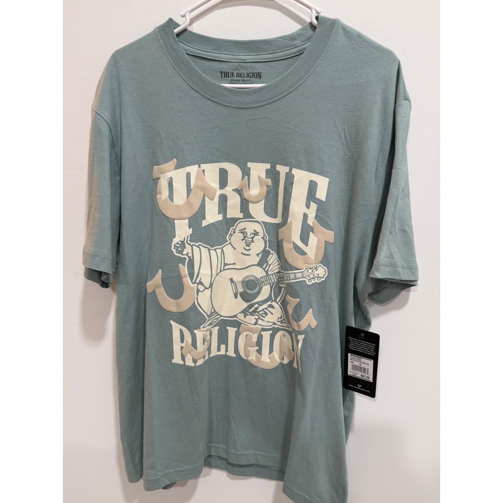 True Religion Mens Buddha Guitar Puff Print Graphic T-Shirt Blue Green Medium - Picture 6 of 6